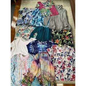 LOT (12) Chicos Size 3 or XL Floral Tees & Sweater & Graphic Kimono & Pants